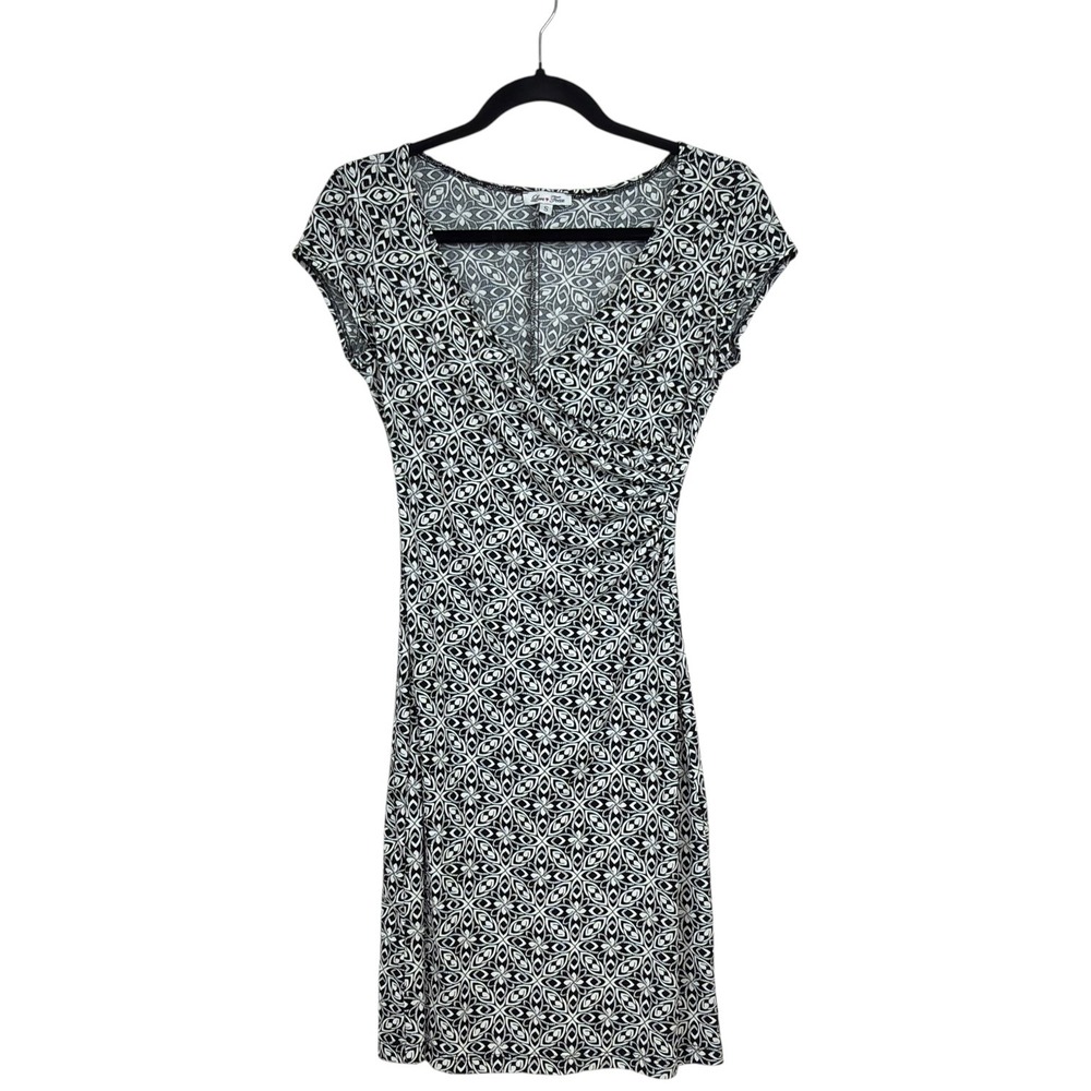 Love Tease Small Black White Geometric Faux Wrap Ruched Sheath Dress Cap‎ Sleeve